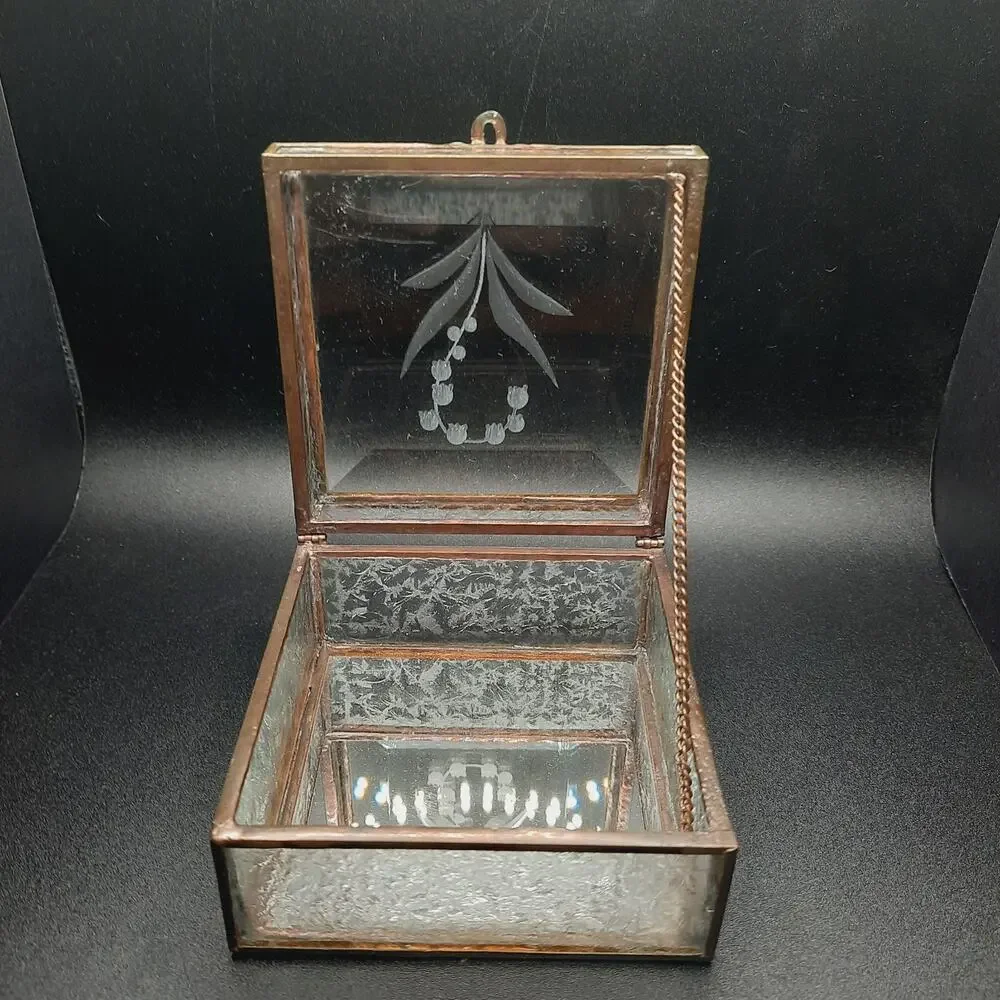 VTG The Glass Haus Handcrafted Brass Etched Glass Trinket Box Lily Of The Valley